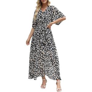 imageANRABESS Womens Summer Loose Boho Flowy Wrap V Neck 34 Sleeve Floral Print Slit Beach Wedding Guest Long Maxi DressesFloral Black White