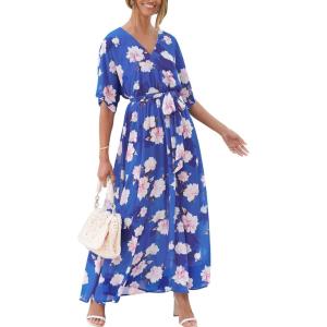 imageANRABESS Womens Summer Loose Boho Flowy Wrap V Neck 34 Sleeve Floral Print Slit Beach Wedding Guest Long Maxi DressesFloral Blue