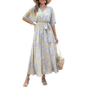 imageANRABESS Womens Summer Loose Boho Flowy Wrap V Neck 34 Sleeve Floral Print Slit Beach Wedding Guest Long Maxi DressesFloral Blue Yellow