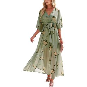 imageANRABESS Womens Summer Loose Boho Flowy Wrap V Neck 34 Sleeve Floral Print Slit Beach Wedding Guest Long Maxi DressesFloral Green