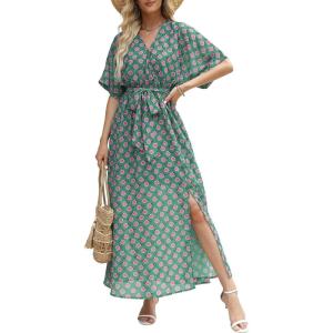 imageANRABESS Womens Summer Loose Boho Flowy Wrap V Neck 34 Sleeve Floral Print Slit Beach Wedding Guest Long Maxi DressesFloral Green Pink
