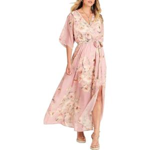 imageANRABESS Womens Summer Loose Boho Flowy Wrap V Neck 34 Sleeve Floral Print Slit Beach Wedding Guest Long Maxi DressesFloral Pink