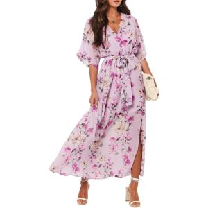 imageANRABESS Womens Summer Loose Boho Flowy Wrap V Neck 34 Sleeve Floral Print Slit Beach Wedding Guest Long Maxi DressesFloral Purple