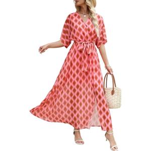 imageANRABESS Womens Summer Loose Boho Flowy Wrap V Neck 34 Sleeve Floral Print Slit Beach Wedding Guest Long Maxi DressesFloral Red