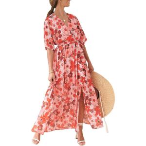 imageANRABESS Womens Summer Loose Boho Flowy Wrap V Neck 34 Sleeve Floral Print Slit Beach Wedding Guest Long Maxi DressesFloral Red Pink