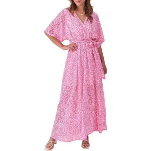 imageANRABESS Womens Summer Loose Boho Flowy Wrap V Neck 34 Sleeve Floral Print Slit Beach Wedding Guest Long Maxi DressesFloral Red White