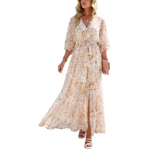 imageANRABESS Womens Summer Loose Boho Flowy Wrap V Neck 34 Sleeve Floral Print Slit Beach Wedding Guest Long Maxi DressesFloral Yellow White