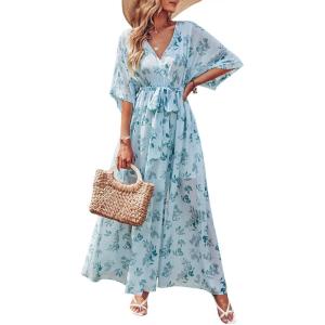 imageANRABESS Womens Summer Loose Boho Flowy Wrap V Neck 34 Sleeve Floral Print Slit Beach Wedding Guest Long Maxi DressesGreen Leaf Print