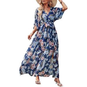 imageANRABESS Womens Summer Loose Boho Flowy Wrap V Neck 34 Sleeve Floral Print Slit Beach Wedding Guest Long Maxi DressesNavy Flor