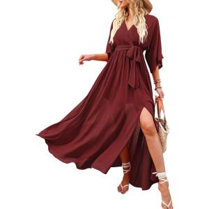 imageANRABESS Womens Summer Loose Boho Flowy Wrap V Neck 34 Sleeve Floral Print Slit Beach Wedding Guest Long Maxi DressesRed