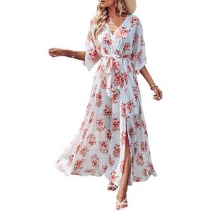 imageANRABESS Womens Summer Loose Boho Flowy Wrap V Neck 34 Sleeve Floral Print Slit Beach Wedding Guest Long Maxi DressesRed Flor