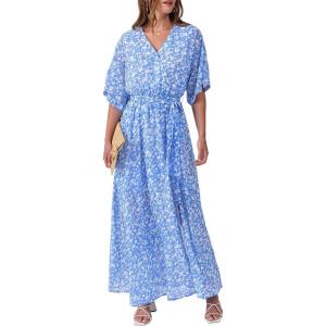 imageANRABESS Womens Summer Loose Boho Flowy Wrap V Neck 34 Sleeve Floral Print Slit Beach Wedding Guest Long Maxi DressesWhite Flor Print