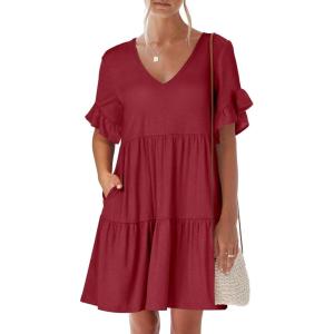 imageANRABESS Dresses for Women Summer 2025 V Neck Ruffle Sleeve A Line Tiered Flowy Casual Trendy Mini Beach Dress with PocketsBurgundy