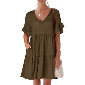 imageANRABESS Dresses for Women Summer 2025 V Neck Ruffle Sleeve A Line Tiered Flowy Casual Trendy Mini Beach Dress with PocketsCoffee