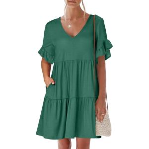 imageANRABESS Dresses for Women Summer 2025 V Neck Ruffle Sleeve A Line Tiered Flowy Casual Trendy Mini Beach Dress with PocketsGreen