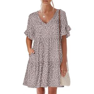 imageANRABESS Dresses for Women Summer 2025 V Neck Ruffle Sleeve A Line Tiered Flowy Casual Trendy Mini Beach Dress with PocketsKhaki Polka Dot
