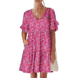 imageANRABESS Dresses for Women Summer 2025 V Neck Ruffle Sleeve A Line Tiered Flowy Casual Trendy Mini Beach Dress with PocketsRed Floral