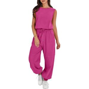 imageANRABESS Jumpsuits for Women Casual Summer Sleeveless 2025 Romper One Piece Outfit Active Workout Lounge Jumpsuits PocketsHot Pink