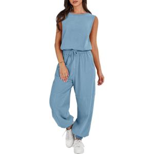imageANRABESS Jumpsuits for Women Casual Summer Sleeveless 2025 Romper One Piece Outfit Active Workout Lounge Jumpsuits PocketsLake Blue
