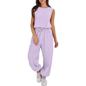 imageANRABESS Jumpsuits for Women Casual Summer Sleeveless 2025 Romper One Piece Outfit Active Workout Lounge Jumpsuits PocketsLight Purple