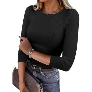 imageANRABESS Women 34 Sleeve Crewneck Rib Knit Slim Fit Shirts Basic Tee Tops 2025 Fall Summer Casual TShirt Workout OutfitsBlack