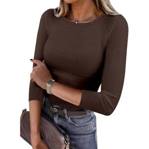 imageANRABESS Women 34 Sleeve Crewneck Rib Knit Slim Fit Shirts Basic Tee Tops 2025 Fall Summer Casual TShirt Workout OutfitsBrown