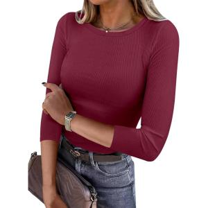 imageANRABESS Women 34 Sleeve Crewneck Rib Knit Slim Fit Shirts Basic Tee Tops 2025 Fall Summer Casual TShirt Workout OutfitsBurgundy