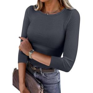 imageANRABESS Women 34 Sleeve Crewneck Rib Knit Slim Fit Shirts Basic Tee Tops 2025 Fall Summer Casual TShirt Workout OutfitsCharcoal