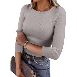 imageANRABESS Women 34 Sleeve Crewneck Rib Knit Slim Fit Shirts Basic Tee Tops 2025 Fall Summer Casual TShirt Workout OutfitsDark Khaki