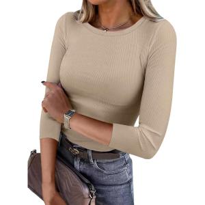 imageANRABESS Women 34 Sleeve Crewneck Rib Knit Slim Fit Shirts Basic Tee Tops 2025 Fall Summer Casual TShirt Workout OutfitsLight Khaki