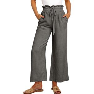 imageANRABESS Women Linen Pants Casual Loose High Waist Boho Wide Leg Cropped Palazzo Beach Pants Summer Outfits 2025 TrendyDark Gray