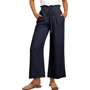 imageANRABESS Women Linen Pants Casual Loose High Waist Boho Wide Leg Cropped Palazzo Beach Pants Summer Outfits 2025 TrendyNavy Blue