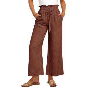 imageANRABESS Women Linen Pants Casual Loose High Waist Boho Wide Leg Cropped Palazzo Beach Pants Summer Outfits 2025 TrendyRust