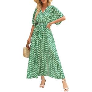 imageANRABESS Womens Summer Loose Boho Flowy Wrap V Neck 34 Sleeve Floral Print Slit Beach Wedding Guest Long Maxi DressesFloral Green White