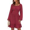 imageANRABESS Womens Dress Long Lantern Sleeve Square Neck Elastic Waist Ruffle Flowy Swing ALine Short Dresses 2025 Fall FashionRed