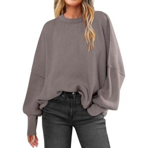 imageANRABESS Sweaters for Women Oversized Batwing Long Sleeve Crewneck 2025 Fall Outfits Casual Loose Side Slit Knit Pullover TopGrey Khaki