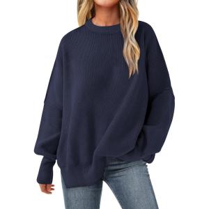 imageANRABESS Sweaters for Women Oversized Batwing Long Sleeve Crewneck 2025 Fall Outfits Casual Loose Side Slit Knit Pullover TopNavy Blue