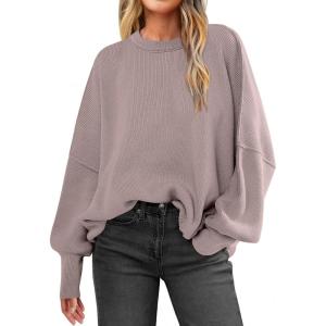 imageANRABESS Sweaters for Women Oversized Batwing Long Sleeve Crewneck 2025 Fall Outfits Casual Loose Side Slit Knit Pullover TopPink Apricot