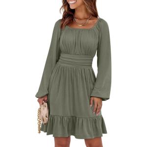 imageANRABESS Womens Dress Long Lantern Sleeve Square Neck Elastic Waist Ruffle Flowy Swing ALine Short Dresses 2025 Fall FashionArmy Green