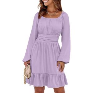 imageANRABESS Womens Dress Long Lantern Sleeve Square Neck Elastic Waist Ruffle Flowy Swing ALine Short Dresses 2025 Fall FashionLight Purple
