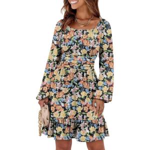 imageANRABESS Womens Dress Long Lantern Sleeve Square Neck Elastic Waist Ruffle Flowy Swing ALine Short Dresses 2025 Fall FashionPrint Black Floral