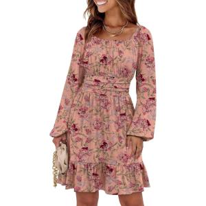 imageANRABESS Womens Dress Long Lantern Sleeve Square Neck Elastic Waist Ruffle Flowy Swing ALine Short Dresses 2025 Fall FashionPrint Rose Pink