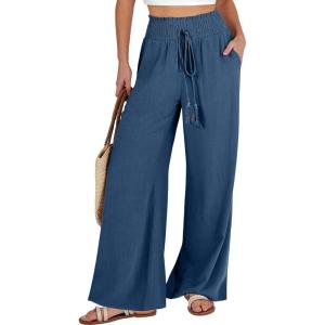 imageANRABESS Womens Linen Pants Summer Casual Palazzo Beach Pant Drawstring High Waist Wide Leg Trousers Vacation OutfitsDeep Blue