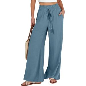 imageANRABESS Womens Linen Pants Summer Casual Palazzo Beach Pant Drawstring High Waist Wide Leg Trousers Vacation OutfitsLake Blue
