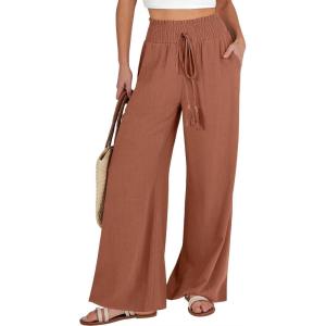 imageANRABESS Womens Linen Pants Summer Casual Palazzo Beach Pant Drawstring High Waist Wide Leg Trousers Vacation OutfitsRust