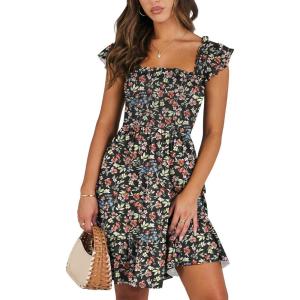 imageANRABESS Womens Summer Casual Sleeveless Square Neck Dress 2025 Smocked Ruffle Backless Boho Beach Cute Teen Short SundressFloral Colorful Black