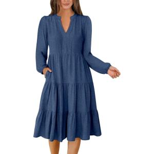 imageANRABESS Long Sleeve Dress for Women V Neck 2025 Fall Fashion Casual Loose Fit Flowy Swing Tiered Vacation DressesBlue