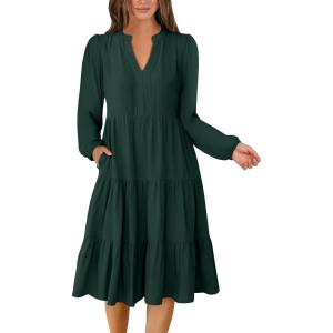 imageANRABESS Long Sleeve Dress for Women V Neck 2025 Fall Fashion Casual Loose Fit Flowy Swing Tiered Vacation DressesDeep Green