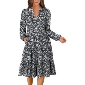 imageANRABESS Long Sleeve Dress for Women V Neck 2025 Fall Fashion Casual Loose Fit Flowy Swing Tiered Vacation DressesFloral Black