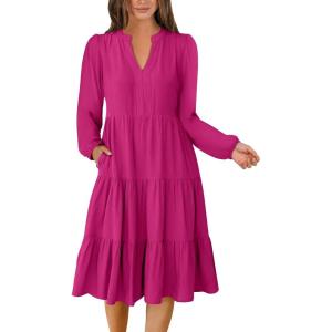 imageANRABESS Long Sleeve Dress for Women V Neck 2025 Fall Fashion Casual Loose Fit Flowy Swing Tiered Vacation DressesHot Pink